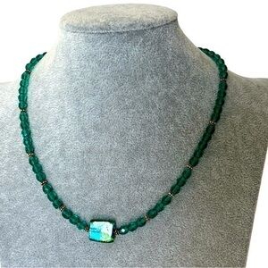 Handmade 14k gold green Czech crystal beaded and glass choker necklace NEW